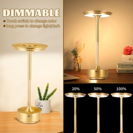 baishezhuan Rechargeable Cordless LED Table Lamps Touch Sensor Light, 3-Levels Portable Dimming Wireless Battery Operated Lamp，Nightstand Lamp/Night Light/Restaurant Table/Outdoor/Coffee/Bar (Gold)