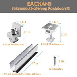 Solar Panel Bracket Flat Roof, 6 Aluminium Mounting Rail & 6 End Clamps, Adjustable Solar Panel Clamp for 30-35 mm Modules, PV Bracket Mounting Set for Flat Roof Trapezoidal Roof