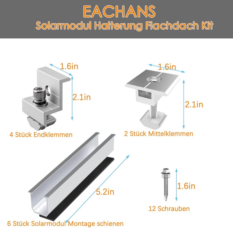 Solar Panel Bracket Flat Roof, 6 Aluminium Mounting Rail &