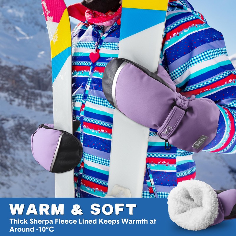 MCTi Kids Mittens Waterproof Winter Ski Warm Sherpa Lined Long