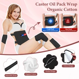 Lnkful Castor Oil Pack Wrap, 10 Pcs Reusable Organic Castor Oil Packs Kit for Knee Waist Chest Neck Foot & Leg, Adjustable Elastic Strap Castor Oil Pack for Muscle Pain, Constipation, Insomnia, Black