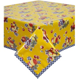 Retro Yellow Oilcloth Tablecloth with Blue Gingham Trim You Pick The Size