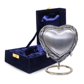 Silver Heart Keepsake Urn for Ashes NORSE'S TRADECRAFT – Engraved Miniature Heart Memorial Urn with Stand and Velvet Box – Decorative Small Ash Holder for Loved Ones – Elegant Remembrance Gift