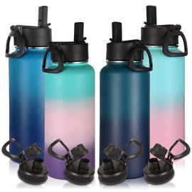 Volhoply 32 oz Water Bottles Bulk 4 Pack with Straw Lid & Spout Lid,Insulated Sports Water Bottle,Double Wall Vacuum Stainless Steel Cups,Leakproof Wide Mouth Metal Flask for Travel(Assorted,4)