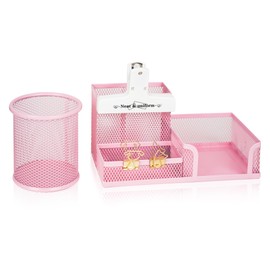 YOBRO Mesh Pen Holder Desk Organizer with a Pencil Cup, 3 Compartmnets Desk Caddy, Helpful Sticky Note Holder and Paper Clips Holder, Office Supply Organizer for School Home, Pink