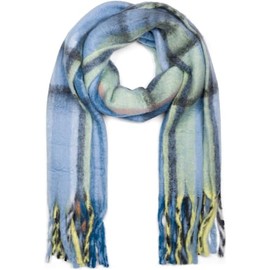 styleBREAKER Women's Web Knitted Scarf with Striped Pattern and Long Thick Fringes, Warm Winter Scarf, Multicoloured 01017157, Blue-black-yellow