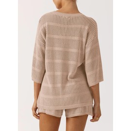 PRETTYGARDEN Women's Summer 2 Piece Swimsuit Coverup Hollow Out Knit Half Sleeve Tops Shorts Sets Bathing Suit Beach Outfits (Beige Apricot,Small)