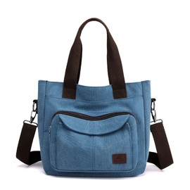 DOURR Canvas Cotton Top Handle Crossbody Bags for Women Casual Shoulder Handbag Multi-pocket for Work Going Out (Blue)