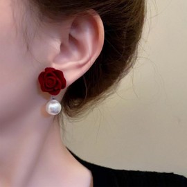 Aneneiceera Vintage Red Velvet Flower Pearl Earrings Red Rose Stud Earrings Pearl Dangle Earrings Suede Flower Earrings Jewelry for Women
