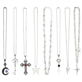 Goth Necklace - 8PCS Y2k Accessories, Gothic Jewelry, Cross Necklace, Grunge Accessories, Amethyst Moon Necklaces, Skull Necklaces, Aesthetic Stacking Toggle Pendants, Gothic Vintage Emo Jewelry Set