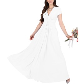 KOH KOH Plus Size Womens Long Flowy Casual Semi Formal Empire Waist Bridesmaid V-Neck Short Cap Sleeve Cocktail Work Summer Sundress Gown Gowns Maxi Dress Dresses, Off White/Ivory XL 14-16