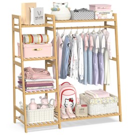 BAMBOOHOMIE Kids Clothing Rack with Shelves, Bamboo Clothes Garment Rack for Kids Child Baby, Kids Dress Up Storage Rack with Top Shelf, Toddlers Wardrobe Closet for Nursery, Natural
