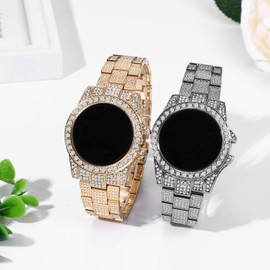 JewelryWe Fully-Jewelled Rhinestone Bling Watch for Men Women Touchscreen LED Display Dial Business Casual Dress Wristwatches