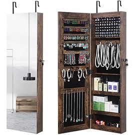 Jewelry Cabinet 6 LEDs Jewelry Armoire Wall Mounted Over The Door Hanging, Jewelry Organizer Storage with Lights Lockable, Vintage Brown
