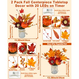 [2-Style & Light Timer] 2 Pack Fall Table Centerpiece with Lights 20LED Potted Maple Arrangement Pumpkin Sunflower in Galvanized Metal Pot Fall Decorations for Home Farmhouse Autumn Thanksgiving Decor