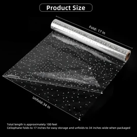 Motroce Clear Cellophane Wrap Roll, 100 Ft x 34 In White Dot Florist Paper Wrapper, Transparent 3Mil Thicker Cellophane Roll, Gift Baskets Wrap Cellophane Film for Gifts, Flowers, Christmas Wrapping