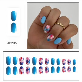 Flower Press on Nails Short Oval Fake Nails Spring Summer False Nails Glossy Glue on Nails Blue Nails Press ons Acrylic Nails Full Cover for Women 24 Pcs