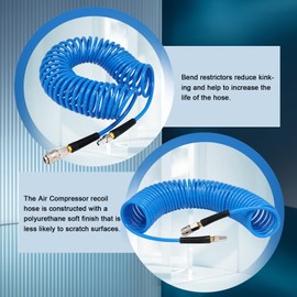 2 Pcs Polyurethane Air Compressor Recoil Hose with 1/4" Europe Quick Coupler and Plug Fittings,6mm ID x 9.5mm OD with Bend Restrictor,10m Length (5m Length-2 Pcs)