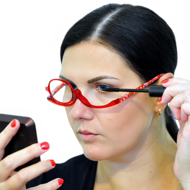 Mini Brille Make-Up Glasses with Flip Lens (Red), Fashionable Magnifying