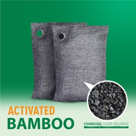 KUNTE Activated Charcoal Air Purifying Bags (4x200g) with Hooks - Natural Odor Absorber for Home, Closet, Car, Pet Areas - Musty Basement & Strong Smell Eliminator, Bamboo Charcoal Deodorizer