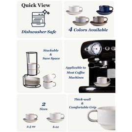 Gomakren 2.5 Ounce Espresso Cups Set of 4, Small Stackable Coffee Cups with Saucers and Metal Stand, Porcelain Demitasse Cups for Specialty Coffee Drinks, Espresso, Cappuccino, Latte, Tea, White