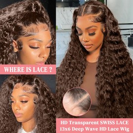 34 Inch Chocolate Brown Lace Front Wig 200 Density HD Lace Front Wigs Human Hair 13x6 Deep Wave Lace Front Wigs Human Hair Colored Deep Curly Lace Frontal Wigs for Woman Pre Plucked with Baby Hair
