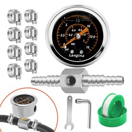 Langina 1/8" NPT Fuel Pressure Gauge, 0-15psi Fuel Pressure Gauge, 1/8" Back Mount, Glycerin Filled Fuel Pressure Gauge with 5/16"(8mm) to 3/8"(10mm) 2-Way Barbed Hose Fitting(304SS)