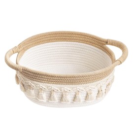 Braided Baskets - 9.5 inch Oval Tassels Cotton Rope Woven Storage Basket, Boho Decoration for Remote Controls, Keys, Makeup and Toys for Office, Bedroom and Bathroom (White Yellow)