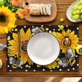 Artoid Mode Black Sunflowers Bees Spring Place Mats Set of 4 30 x 45 cm Summer Holiday Placemats Washable Place Mats Kitchen Party Decoration