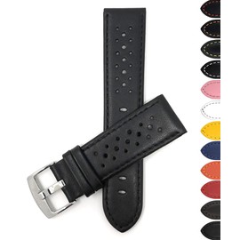 Bandini Extra Long (XL) 22mm Mens Italian Leather Watch Band Strap - Black - Vented Racer - GT Rally