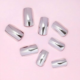 BFY Press on Nails Short Square, Sliver Chrome Fake Nails, Mirror Metal Acrylic Nails Set Stick Glue on Nails, Shiny Glossy False Nails Elegant Women Girls Nail Accessories Decorations 24 Pcs