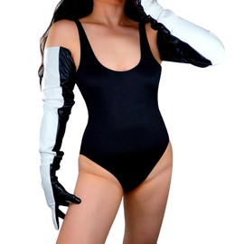 DooWay Women Fashion Super Long Leather Gloves Oversize Contrast Color Loose Sleeve 35 Inches Adult Unisex White-Black Touchscreen