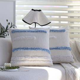 Set of 2 Nordic Style Soft Chenille Pillow Covers 18x18 Inch with Tufted Design for Living Room & Bedroom, Scandinavian Blue & White Stripes Tufting Pillowcase, Modern Home Decor & Kids Room Accent