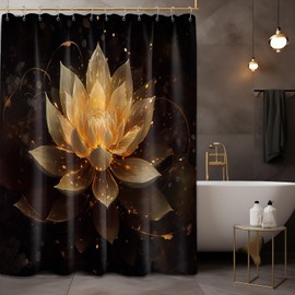 QGHOT Lotus Shower Curtain, Black and Gold Flower Shower Curtains for Bathroom Decor Spa Spiritual Golden Floral Bath Curtain Set, Waterproof Fabric, 70" W x 78" L