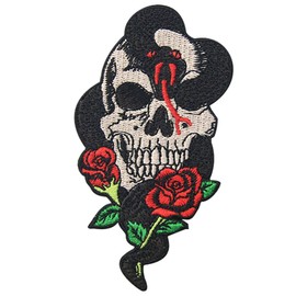 Parche bordado de rosa de serpiente y calavera para planchar o coser
