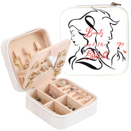 CORACIK Travel PU Jewelry Box Small Jewelry Organizer Storage Case for Her Womens Beauty Beast Earring Necklace Rings Bracelets Storage Box With Mirror Valentine's Day Christmas (White)