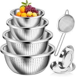 ATPWONZ 4+3 Stainless Steel Colander Set, 4 Sizes (1.8 qt, 2.3 qt, 3 qt, 4 qt) with 1 Mesh Strainer + 2 10-inch Stainless Steel Round Plates, for Washing Rice, Fruits, Vegetables, Draining Pasta, Meat