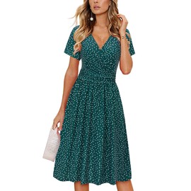 OUGES Women's Summer Dresses for Women 2025 Spring Sundresses Short Sleeve V-Neck Floral Short Party Dress with Pockets(Green Polka Dot,L)