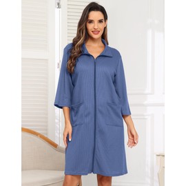 Lovasy Women's Waffle Pique Bathrobe with Zip 3/4 Sleeves Waffle Knit Lightweight Dressing Gown Knee-Length with Pockets, blue
