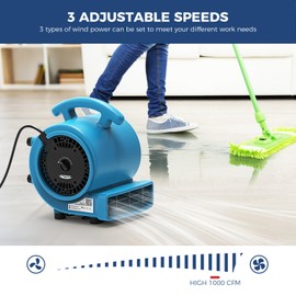 ALORAIR 1000 CFM Air Mover Blower Fan，Floor Drying Fan，Carpet Dryer, Blower, Stackable with 3 Speeds, 5 Adjustable Angles, 19.68ft Long Cord for Janitorial, Home, Commercial Use - GE1000