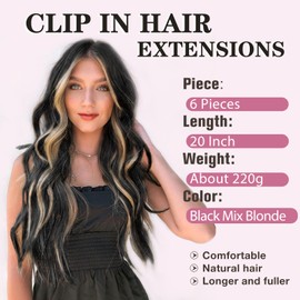 NAYOO Clip in Hair Extensions for Women 20 Inch Long Wavy Curly Black Mix Blonde Hair Extension Full Head Synthetic Hair Extension Hairpieces (6PCS, Black Mix Blonde)