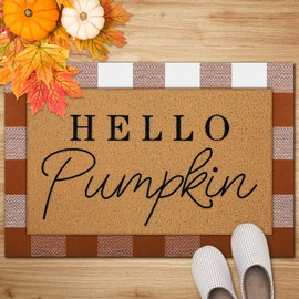 Tinideya 2 Pcs Fall Door Mat Hello Pumpkin Welcome Non Slip Coir Mats Thanksgiving Black White Plaid Harvest Floor Layering Doormats Seasonal for Front Porch Entryway Decor(Brown White Plaid)