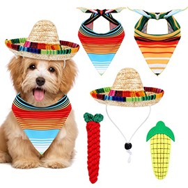 Mexican Dog Costume Accessories Cinco De Mayo Fiesta Dog Bandana Mexican Pet Scarf with Dog Straw Hat Pepper Shape Dog Teething Toys Corn Entertaining Puppy Toys Small Dogs Carnival Party Supplies