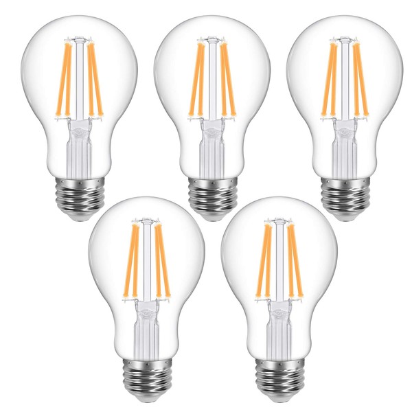 Lepro Vintage LED Bulbs, Dimmable Filament Bulb, 8W 800LM, 60W Equivalent, 2700K Warm White, Classic Clear Glass, A19 Shape, E26 Base, Pack of 5