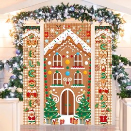 3Pcs Christmas Gingerbread House Party Decorations, Gingerbread House Door Cover Banner and Welcome Christmas Porch Sign Hanging Banner for Winter Christmas Party Supplies Indoor Outdoor