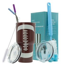 Yoelike Football Tumbler 30 oz Stainless Steel Double Wall Vacuum Insulated Cup with Straws, Splash Proof Lids, Straw Clean Brush, Tips for Fan Coaches Mom Men Sports Travel, Keep Drinks Cold and Hot