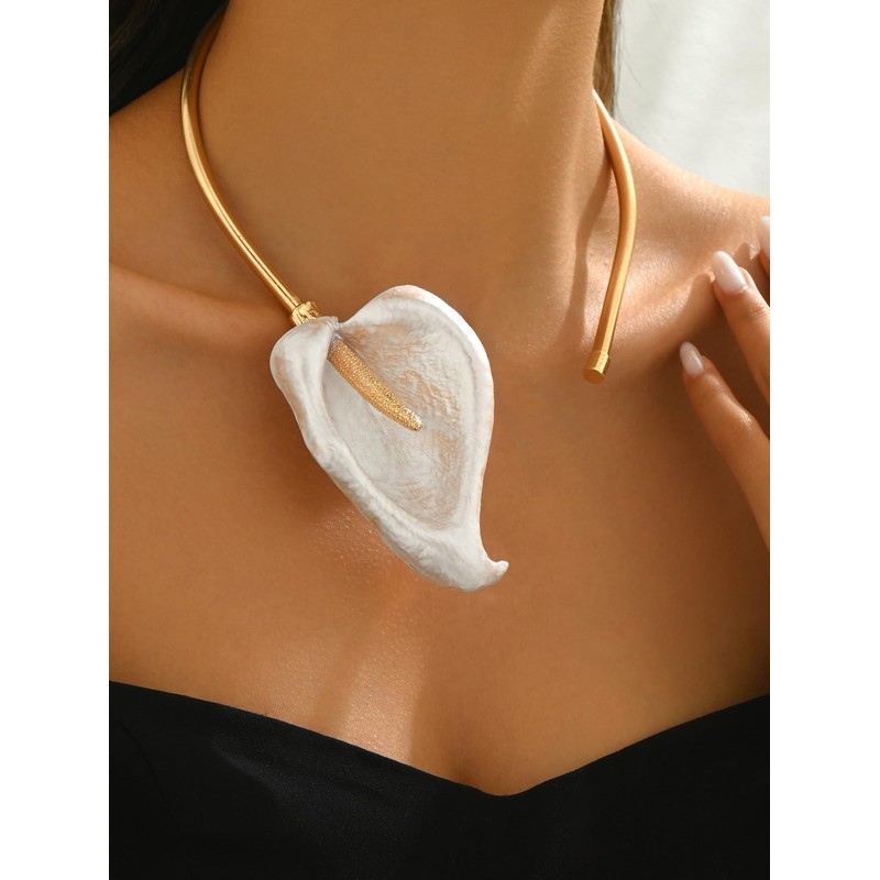 Doubnine Elegant White Calla Lily Choker Necklace, Gold Plated Collar