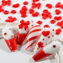 BAIYIYI 100Pcs 3D Nail Art Plush Resin Nail Charms Mixed Heart-shaped Bowknot Bossom Flower Red Resin Charms Fluffy Pom Balls for Valentine's Day Nail Decoration Craft Supplies