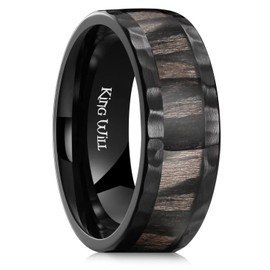 King Will 8mm Black Hammered Titanium Ring Inlaid Wood Wedding Band for Men Hammered Edge Wood Matte Brushed Comfort Fit 13