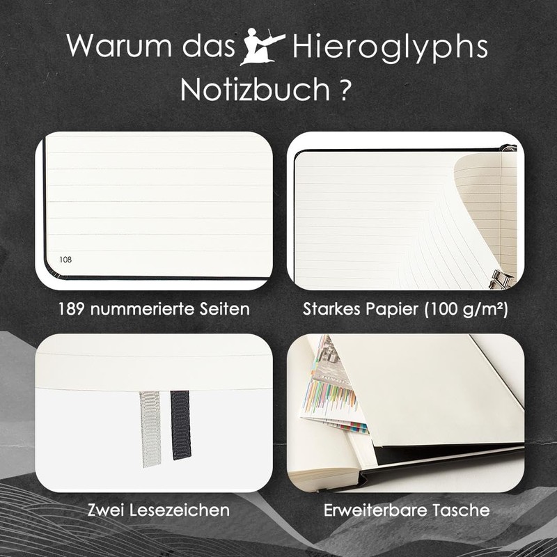 Hieroglyphs Notebook A5 Hardcover, 189 Numbered Pages, 3 Colours, Organiser